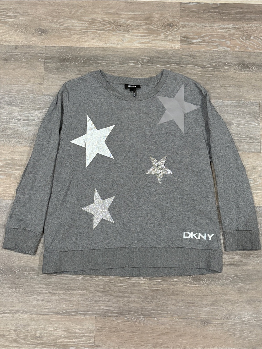 DKNY Gray Star Sequin Pullover Sweater‎ Crew Neck Long Sleeve Women's Size L
